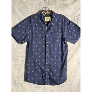 Dravus Mens Navy Blue Geometric Sun Print Short Sleeve Button Down Shirt Medium